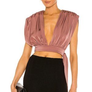 Revolve NBD Womens Yulia Satin Wrap Crop Top Pink Mauve S Plunge Ruched Tie New